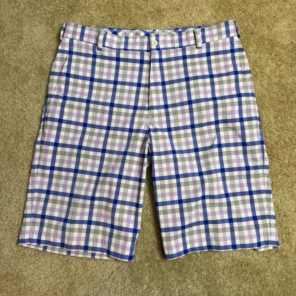 Nike Golf Dri Fit Shorts Mens 32 White Blue Purple Plaid Stretch‎ Performance